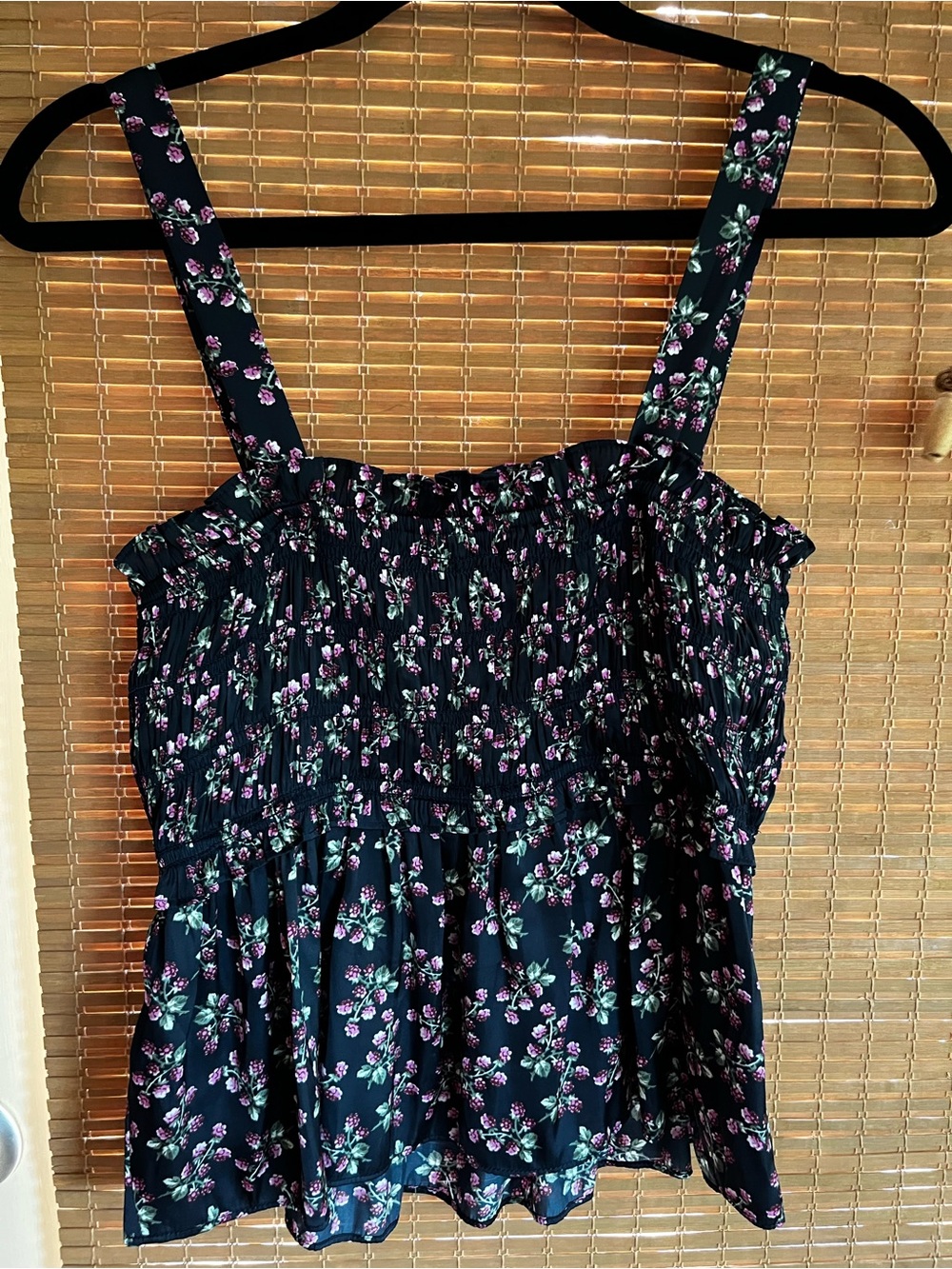 J.Crew Smocked Navy Floral Tank Top with Pink Blossoms